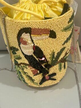 Toucan Yellow Beaded Sequin Bucket Handbag Handcrafted in India  Crossbody NWT